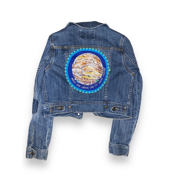 Old Navy Distressed Cropped Denim Jacket with back sequin Earth Jupiter Design - Picture 5 of 6